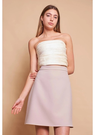 Yüksek Bel Hafif Likralı Kumaş Diz Boy Çan Etek-taş Taş