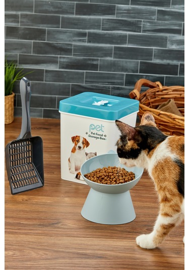 Evcil Hayvan Kedi Ve Köpek Mama Saklama Kabı & Mama Kabı Seti Kürek Hediyeli 3'lü Set - Mavi