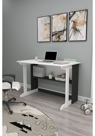 Enda Home Pillar Kütüphaneli Geniş Çalışma Masası 100x56 Cm Antrasit - Beyaz