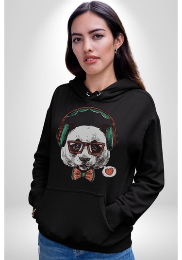 Kulaklıklı Hipster Portre Panda Kadın Erkek Siyah Kapüşonlu Sweatshirt Hoodie Siyah