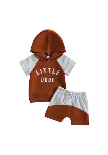 Kahverengi Bebek Erkek Yaz Giysileri Kıyafetler Mektup Baskı Kontrast Renk Kapşonlu Kısa Kollu Üstler Ve Şort 2 Adet Takım Elbise Kahverengi