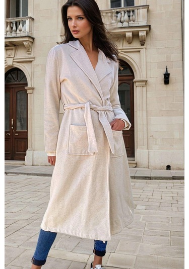 Ekru, Şal Yaka, Cepli, Kuşak Detaylı, Astarsız, Uzun Kaban Ekru