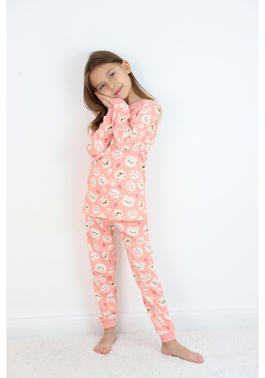 Kız Çocuk Orta Kalınlıkta Basic Baskılı Pijama Takımı Somon