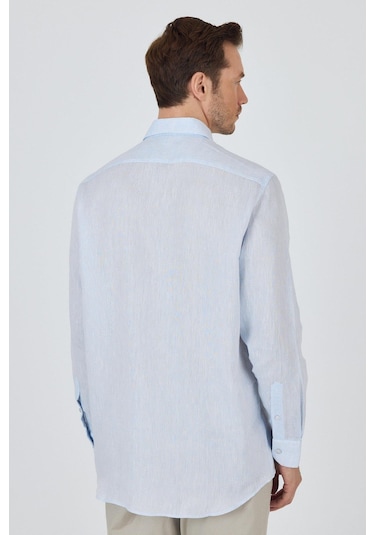 Uzun Kol Düz Keten Düğmeli Yaka Cepsiz Casual Comfort Fit Gömlek 1004250114 Mavi