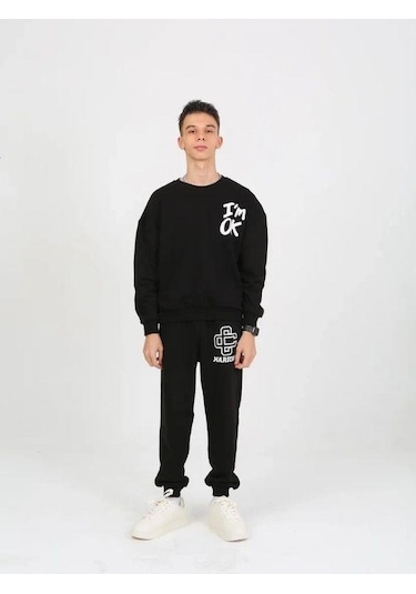 Çocuk I'm Ok Yazılı 2 İplik Sweatshirt-15233 Siyah
