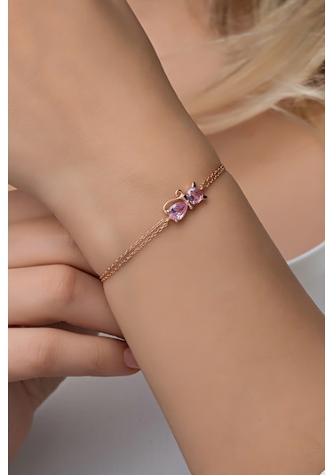 Nereze 925 Ayar Gümüş Pembe Taşlı Kedi Bileklik