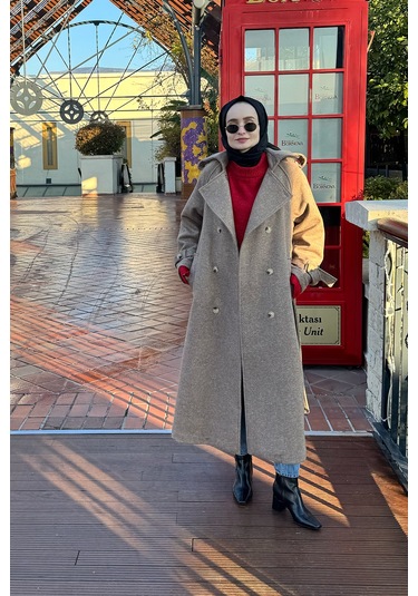 Uzun Apolet Detaylı Kaşe Kaban Kahve Kahve