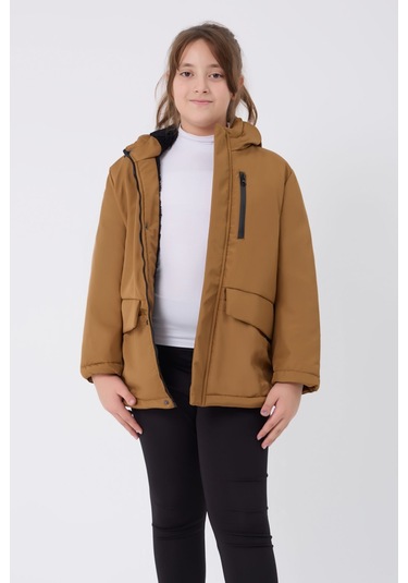 Kız Çocuk Taba İçi Kürklü Su Ve Rüzgar Geçirmez Kapüşonlu 3 Cep Kışlık Mont & Kaban & Parka Taba