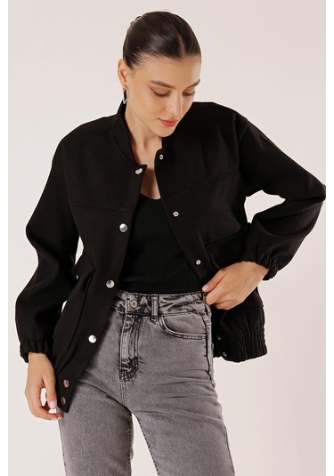 Beli Lastikli Torba Cepli Kaşe Bomber Mont-35004-Siyah