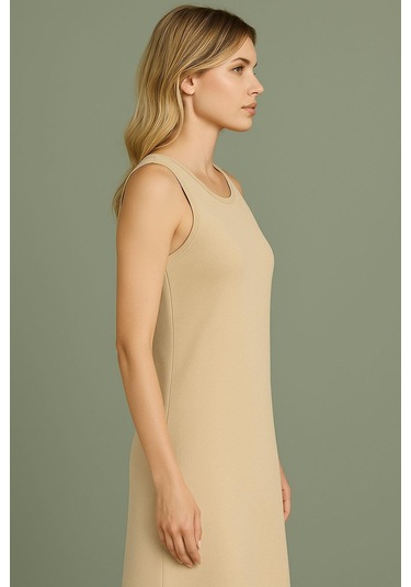 Modal Kumaş Rahat Kalıp Basic Günlük Elbise Bej