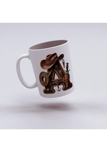 A Harfi Kovboy Temalı Bardak 330 Ml İsim / Harf Kişiye Özel Hediye - Vahşi Batı Konsept Beyaz