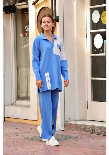 Kuş Gözü Triko Takım Mavi Mavi