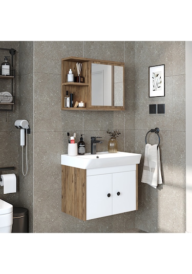Lavabolu Mat Suntalam 60 Cm Banyo Dolabı + Aynalı Üst Dolabı Atlantik Çam - Beyaz