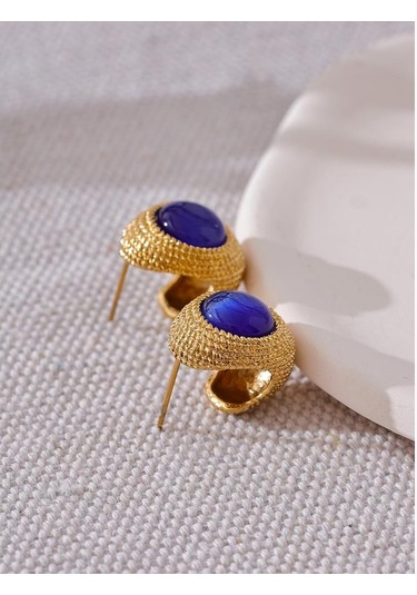 Yeşil Eetit Vintage Yeşil Mavi Beyaz Kedi Gözü Taş Paslanmaz Çelik C Şekli Geometrik Moda Küpe Altın Renk Moda Takı Hediye Çok Renkli