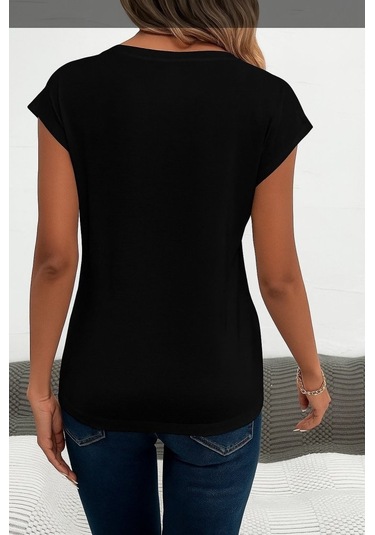 Kadın Kısa Kollu V Yakalı Kalp Desen Viskon Bluz Karışık