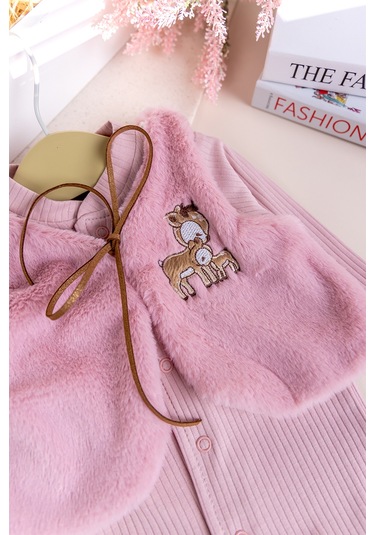 Peluş Yelekli Pamuklu İkili Kız Bebek Tulum Set Gülkurusu