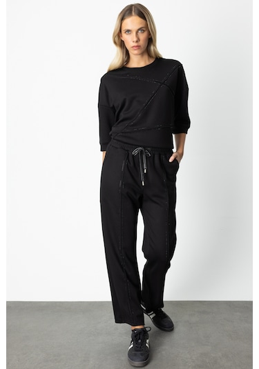 On Kadın Beli Lastikli Taşlı Eşofman Altı 66547 Siyah Siyah