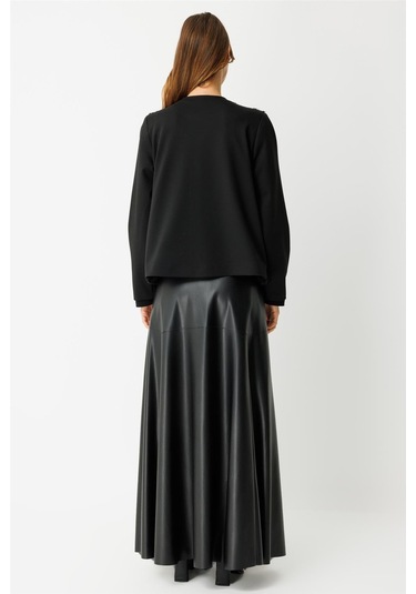 Kürk Ceketli Deri Etekli Takım Siyah Siyah