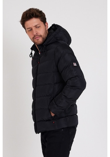 Erkek Siyah Dar Kesim Kapüşonlu Dik Yaka Şişme Mont