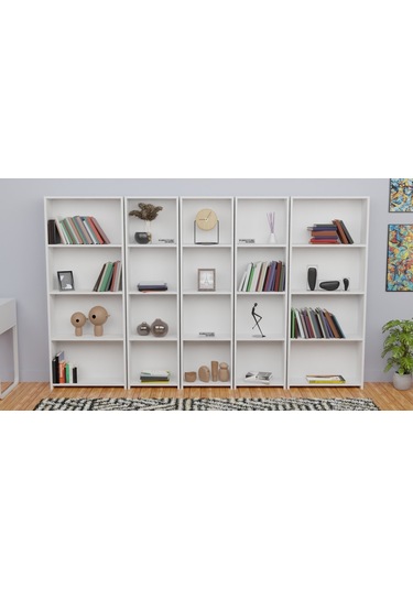 5 Raflı Kitaplık Seti 3 Dar 2 Geniş Raf Kütüphane 170 Cm Beyaz