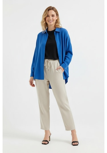 Yxc Trend Maker Oversize Uzun Basic Bayan Keten Gömlek Saks
