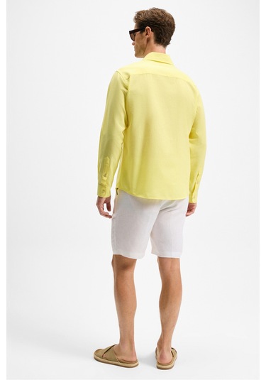 Lasse Erkek Gömlek Yaka Manşetli Uzun Kollu Regular Fit Keten Karışımlı Sarı Gömlek