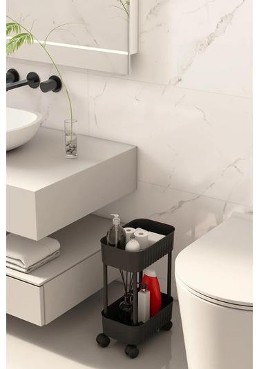 Çok Amaçlı 2 Katlı Banyo Dolabı, Evye Altı Düzenleyici Dolap Içi Tezgah Altı Tekerlekli Organizer - Deterjanlık, Dolap İçi Raf Siyah