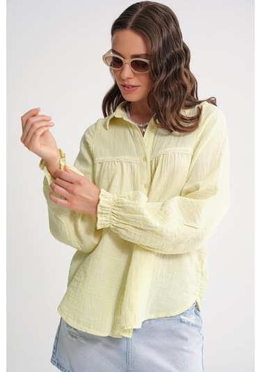 4677 Kadın Dantel Detaylı Müslin Gömlek Tereyağı Sarısı Tereyağı Sarısı
