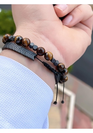 Nursaat Doğal Taş Özel Kombin Kaplan Gözü Ve Karlı Obsidyen Taşı Doğal Unisex Bileklik Blkt.ns06 2 Adet Çok Renkli