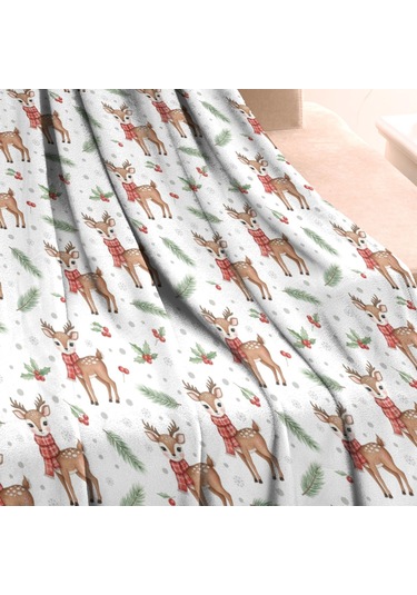 Noel Desenli Bebek Battaniyesi 40x30 İnç, Polar, Yumuşak, Hafif Ve Kalın Noel Geyik Kuzu Kızılcık