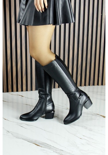 Erkan Saçmacı Siyah Hakiki Dana Derisi Streç Tokalı Fermuarlı Sivri Burun Kalın Topuklu Çizme Siyah