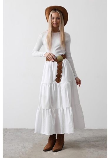 Pamuklu Beli Lastikli Etek - Beyaz Beyaz