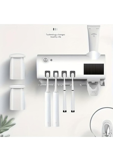 Novahub Beyaz Diş Fırçası Uv Dezenfeksiyon Cihazı, Duvara Monte 4 Yuvalı Akıllı Dezenfeksiyon Ve Diş Macunu Dispenseri, Banyo Aksesuarları Beyaz Beyaz