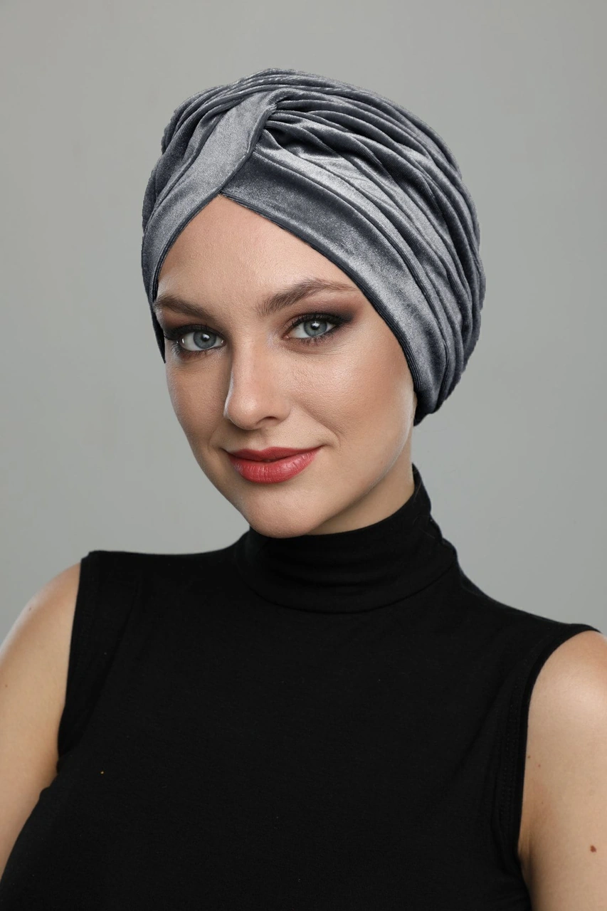 Kadife Çapraz Füme Hazır Türban Tesettür Bone Füme