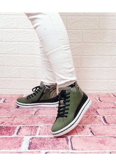 Voyager 8498 Kadın Haki Yeşil Hakiki Deri Kaymaz Taban Fermuarlı