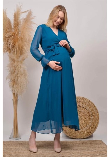 Kadın Yeni Sezon Kruvaze Yaka Şifon Hamile Elbise Hml003 Petrol Mavisi