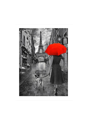 Eyfel Kulesine Giden Kadın Ve Köpeği Dekoratif Mdf Tablo 35cm X50cm