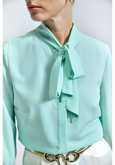 Sateen Yakası Bağlamalı Düz Gömlek - Mint-128707