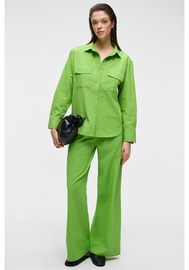 RIGO Kadın Gömlek Yaka Uzun Kol Regular Uzun İnce Yeşil Gömlek
