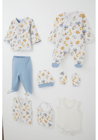 Breeze Erkek Bebek Hastane Çıkışı 8 Li Safari Macerası Sevimli Hayvancıklar Desenli 0-3 Ay, Ekru Ekru