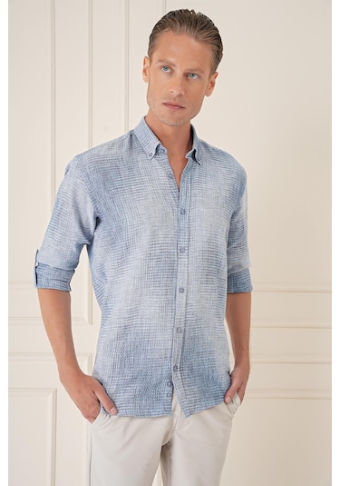 Efor Comfort Fit Batik Desen %100 Keten Mavi Gömlek G 1571 Mavi