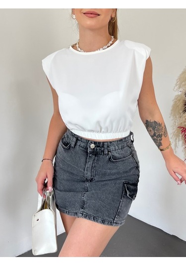 Omuzları Vatkalı Beli Lastikli Bluz -beyaz Karışık