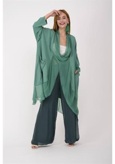 Italyan Ipek Detaylı Oversize Kaftan & Bluz-8711 Mint Yeşili