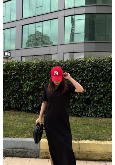 Kadın Siyah Polo Yaka, Kısa Kol, Yırtmaçlı, Basic Model, Uzun Salaş Elbise Siyah