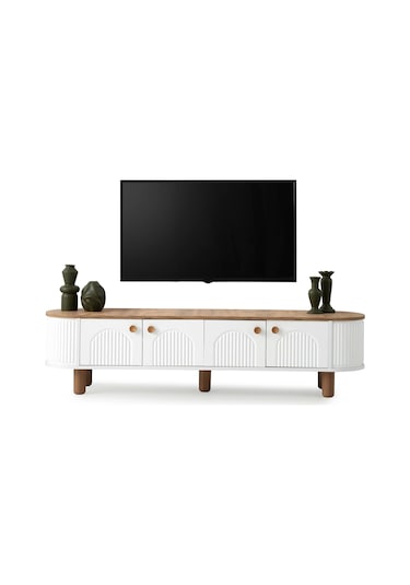 Tv Sehpası 4 Kapaklı Beyaz-meşe 180cm Kurulu Gönderilir Beyaz