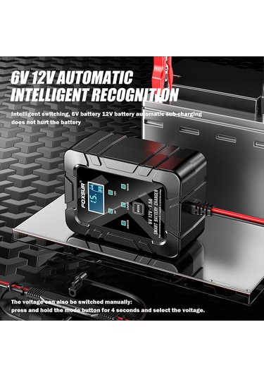 Reedark Foxsur Akıllı Akü Şarj Cihazı 6v/12v Otomatik Değişimli 4-30ah Lcd Göstergeli Motosiklet Araç Bakımı Siyah Eu Tipi