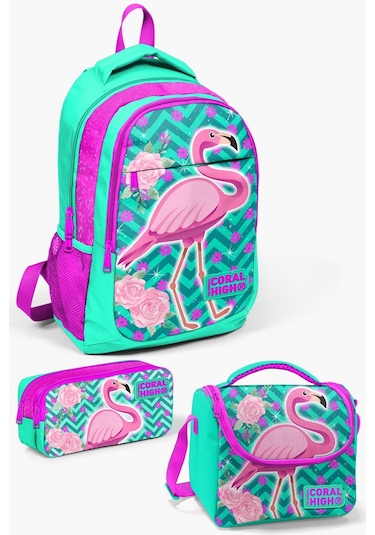 Coral High Kids Su Yeşili Pembe Simli Flamingo Desenli 3 Lü Okul Çanta Seti Set0114382