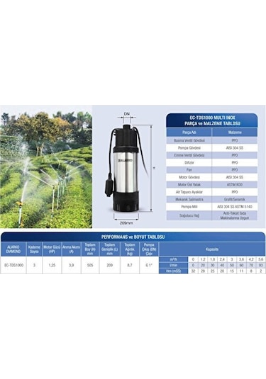Ec-tds 1000 Inox Dalgıç Pompa 1,25 Hp Monofaze