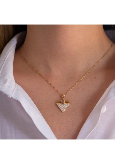 Çelik Kolye, Altın Kaplama Üçgen Kadın Kolye K-127 Altın