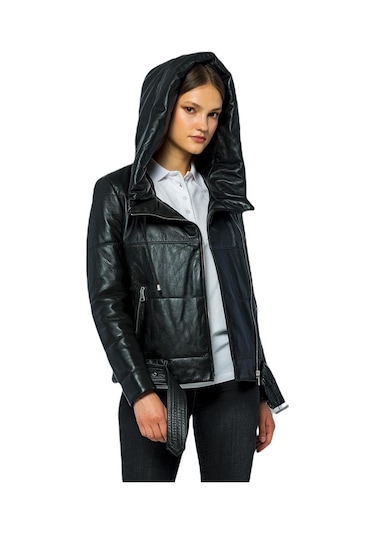 Basics&more Kadın Kapüşonlu Şişme Hakiki Deri Ceket - Elle 001